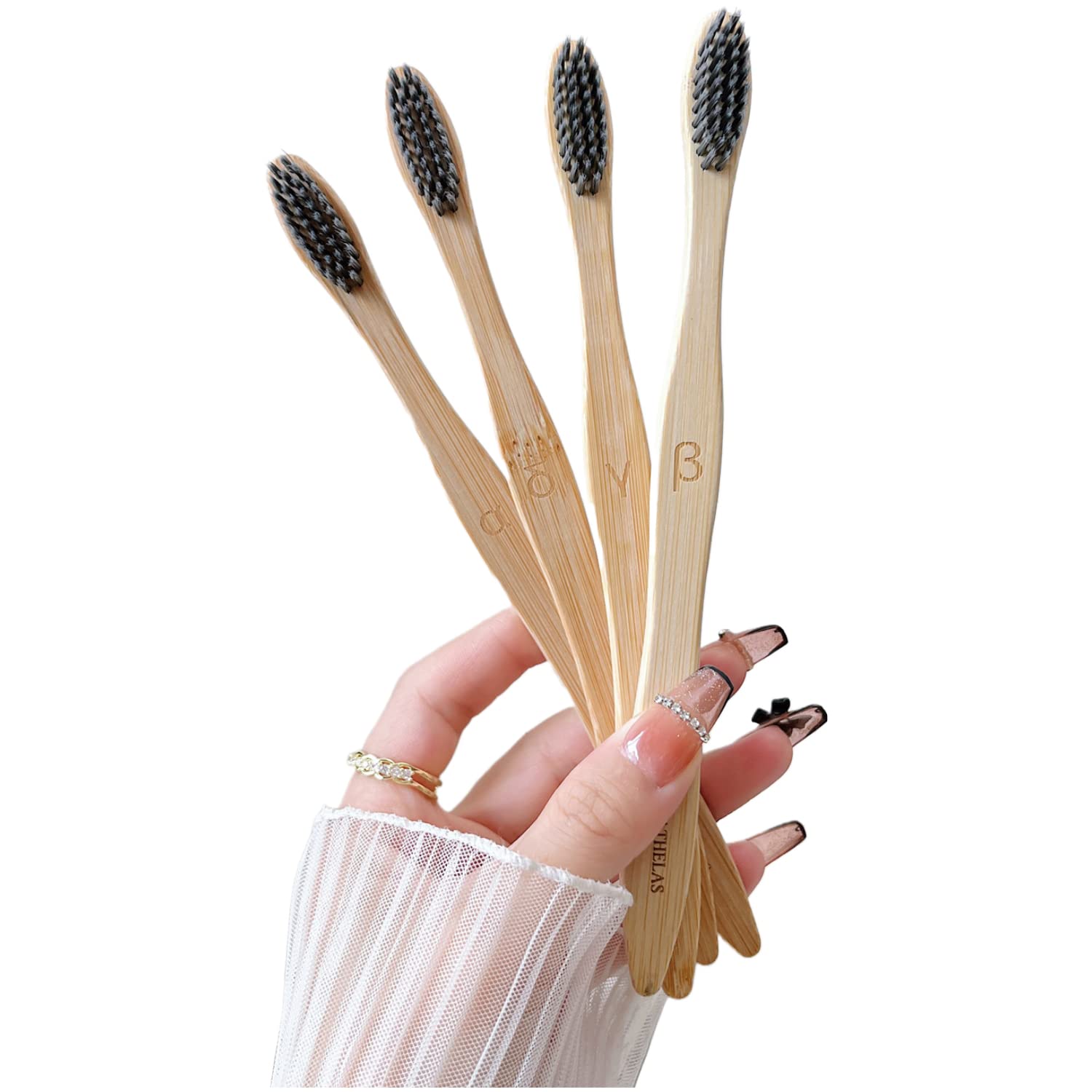 Athelas Premium Set of 4 Charcoal Activated Bamboo Toothbrushes. Eco Friendly 100% Natural Toothbrushes with Medium Soft Charcoal Bristles